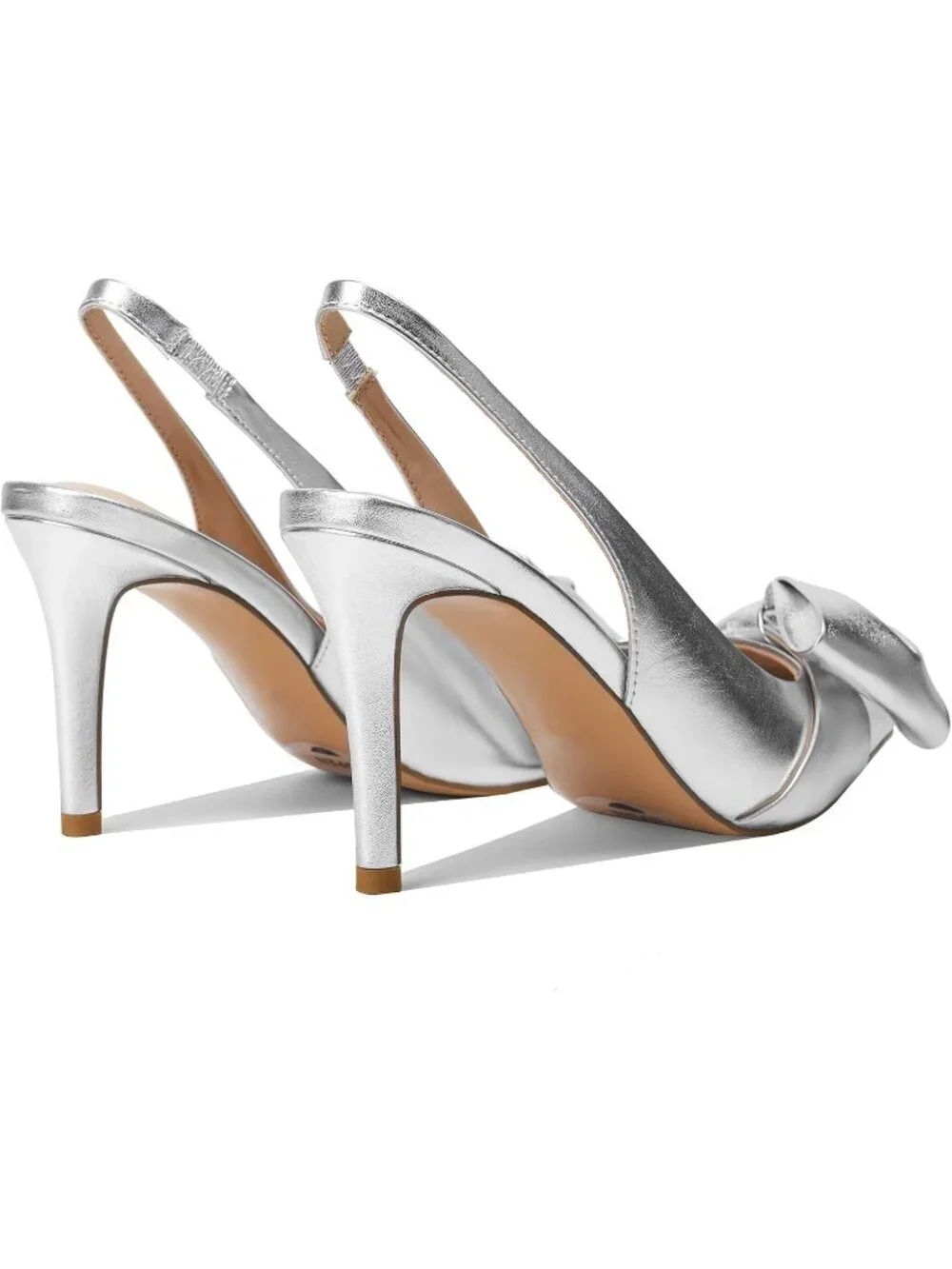 Women's Pu Silver Slingback Heels with Bow Pointed Toe Pumps Dress Shoes